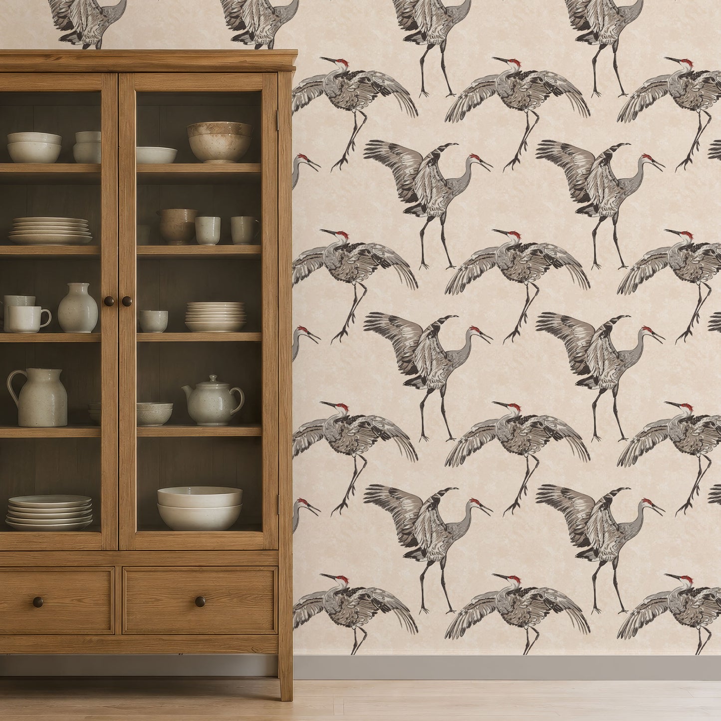 Kitchen cabinet with large crane bird wallpaper