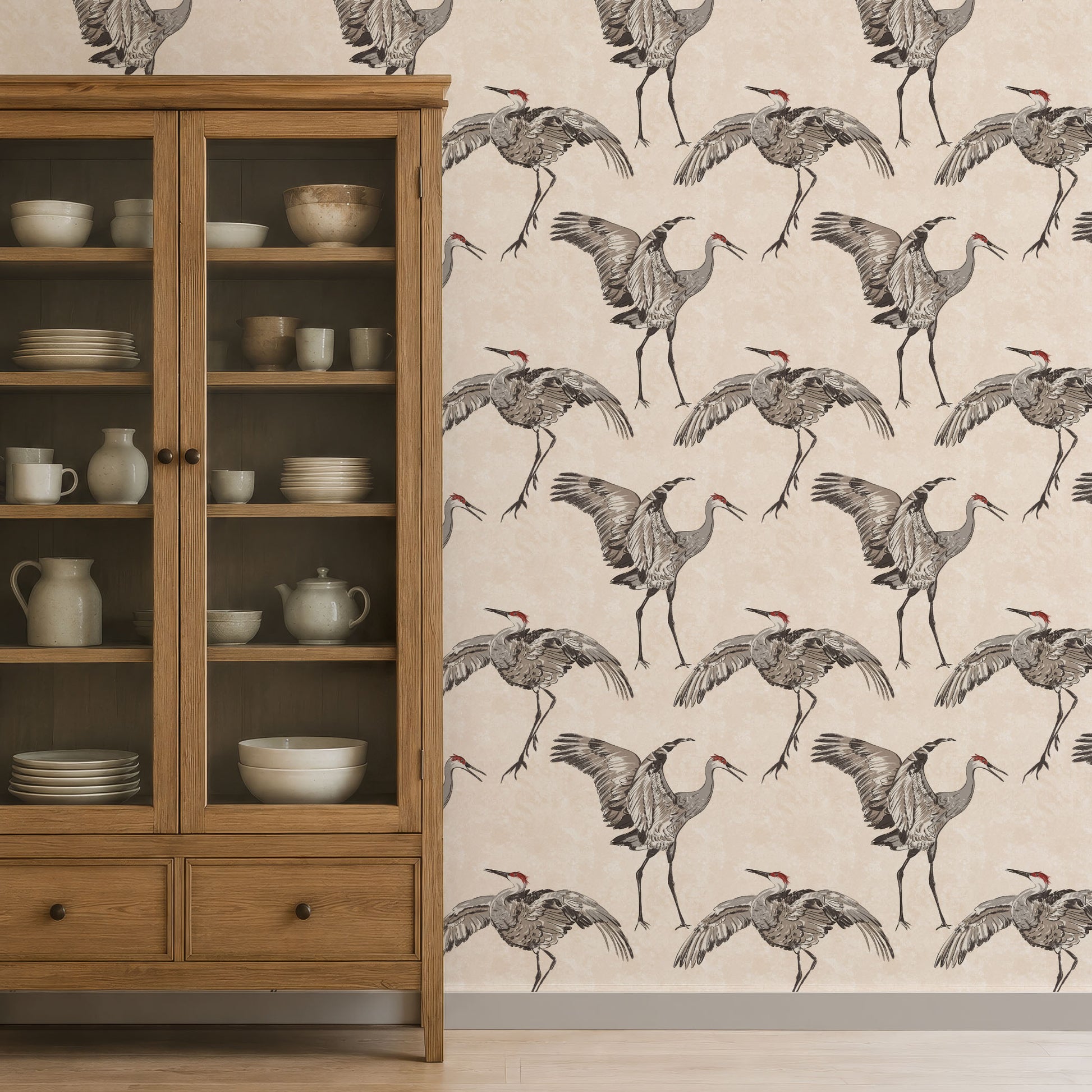 Kitchen cabinet with large crane bird wallpaper