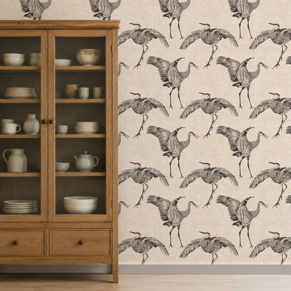 Kitchen cabinet with large crane bird wallpaper