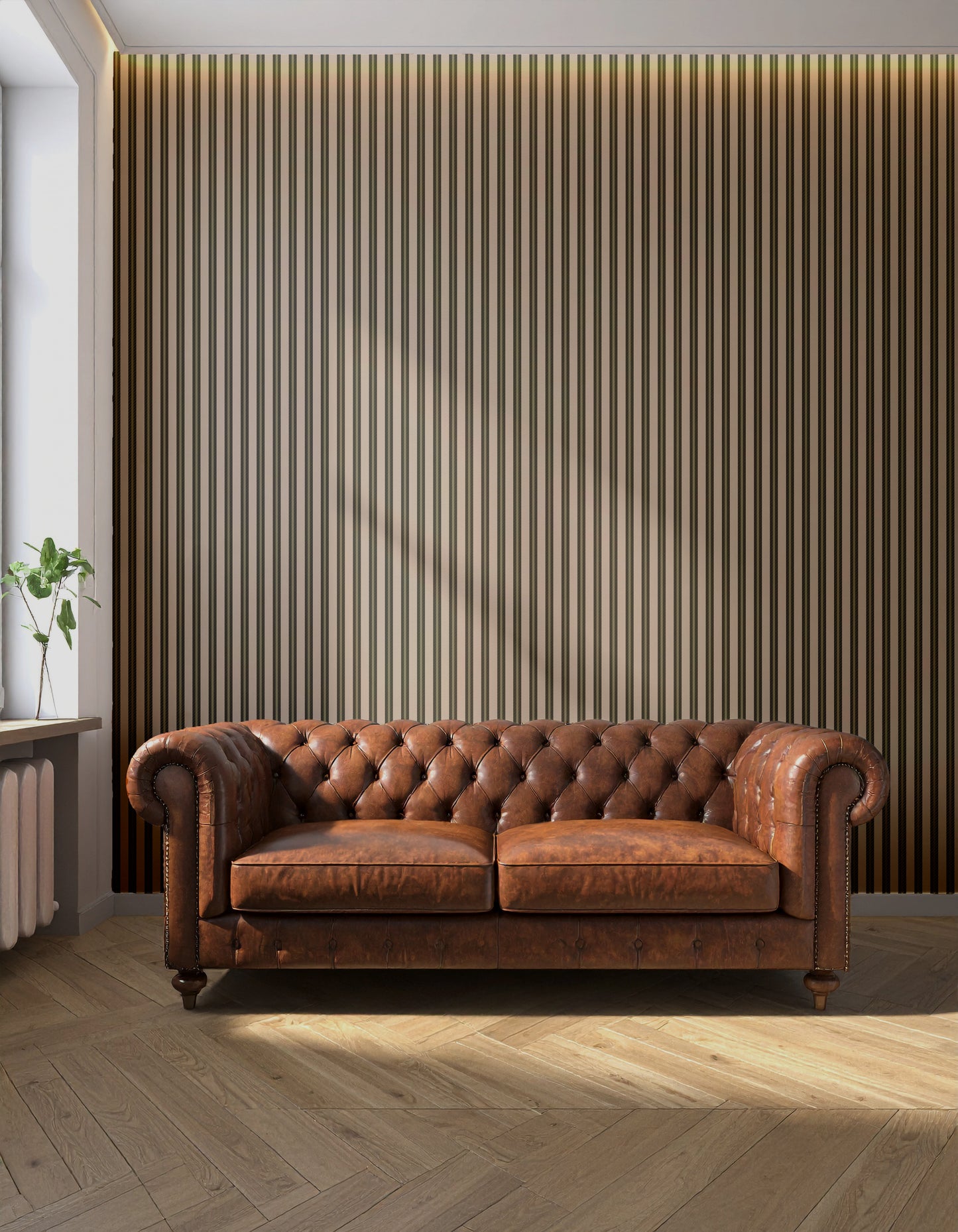 Brown leather sofa in a room with striped wallpaper