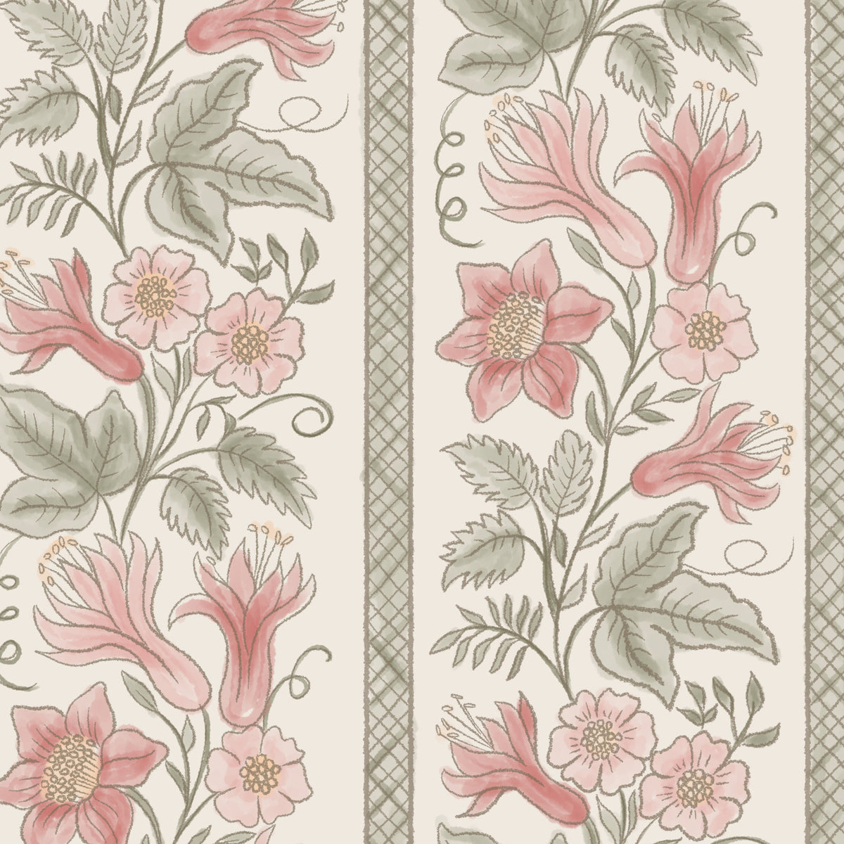Lily Stripes floral wallpaper in pink and sage on cream