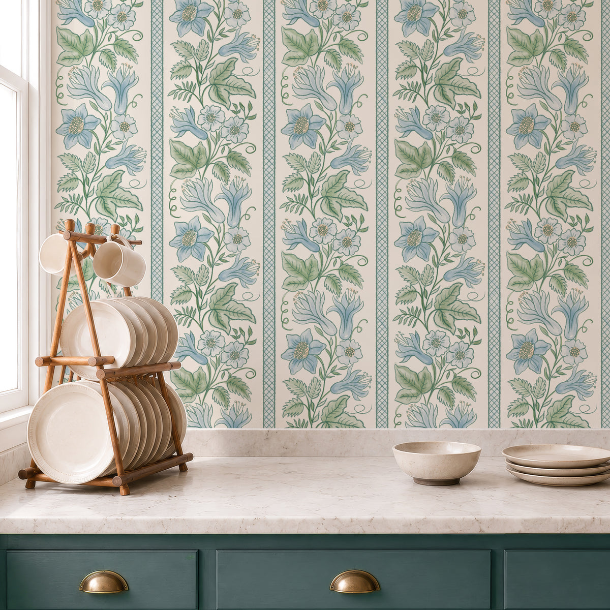 Blue Lily Stripes floral wallpaper in a kitchen with green cabinets