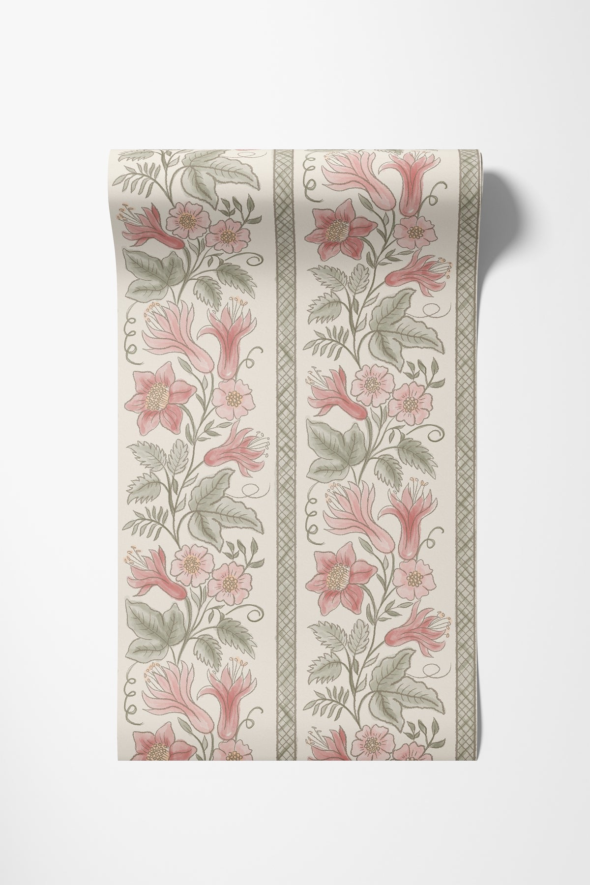 Roll of Lily Stripes floral wallpaper in pink and sage
