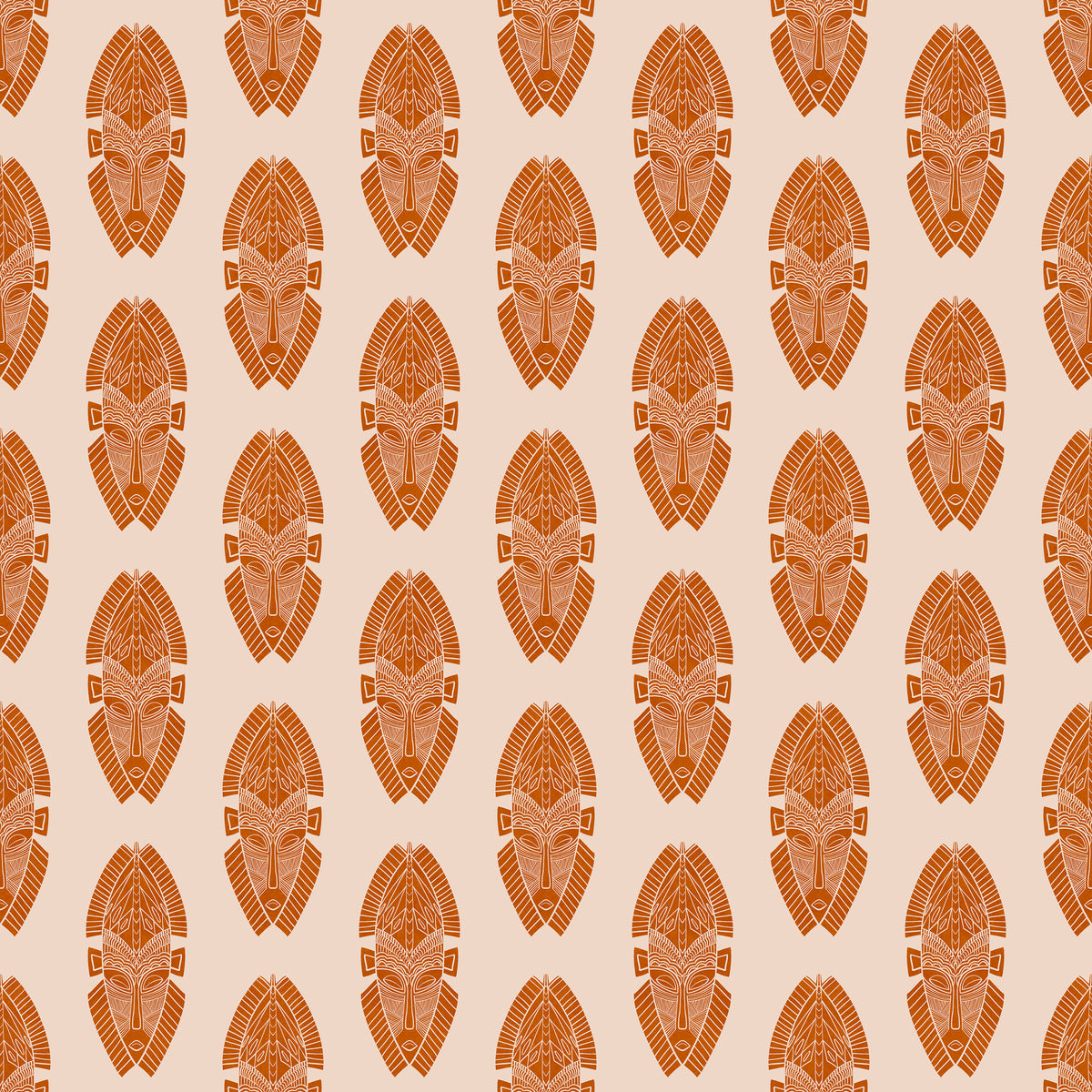 Mask block print wallpaper in burnt orange on cream