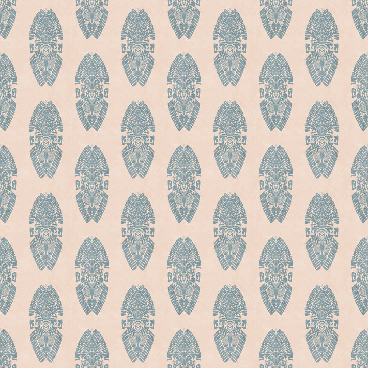 Mask block print wallpaper in dusty blue on cream