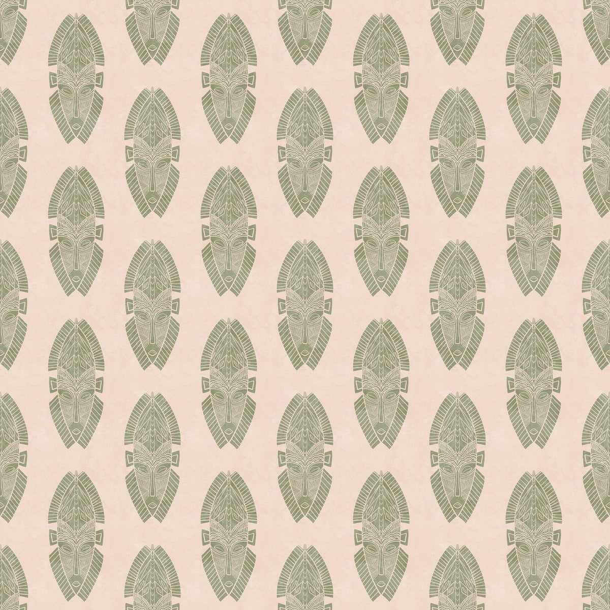 Mask block print wallpaper in sage green on cream