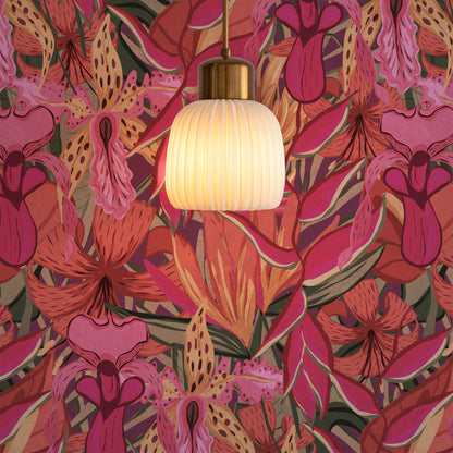 Muted pink Tropical Jungle wallpaper with a floor lamp