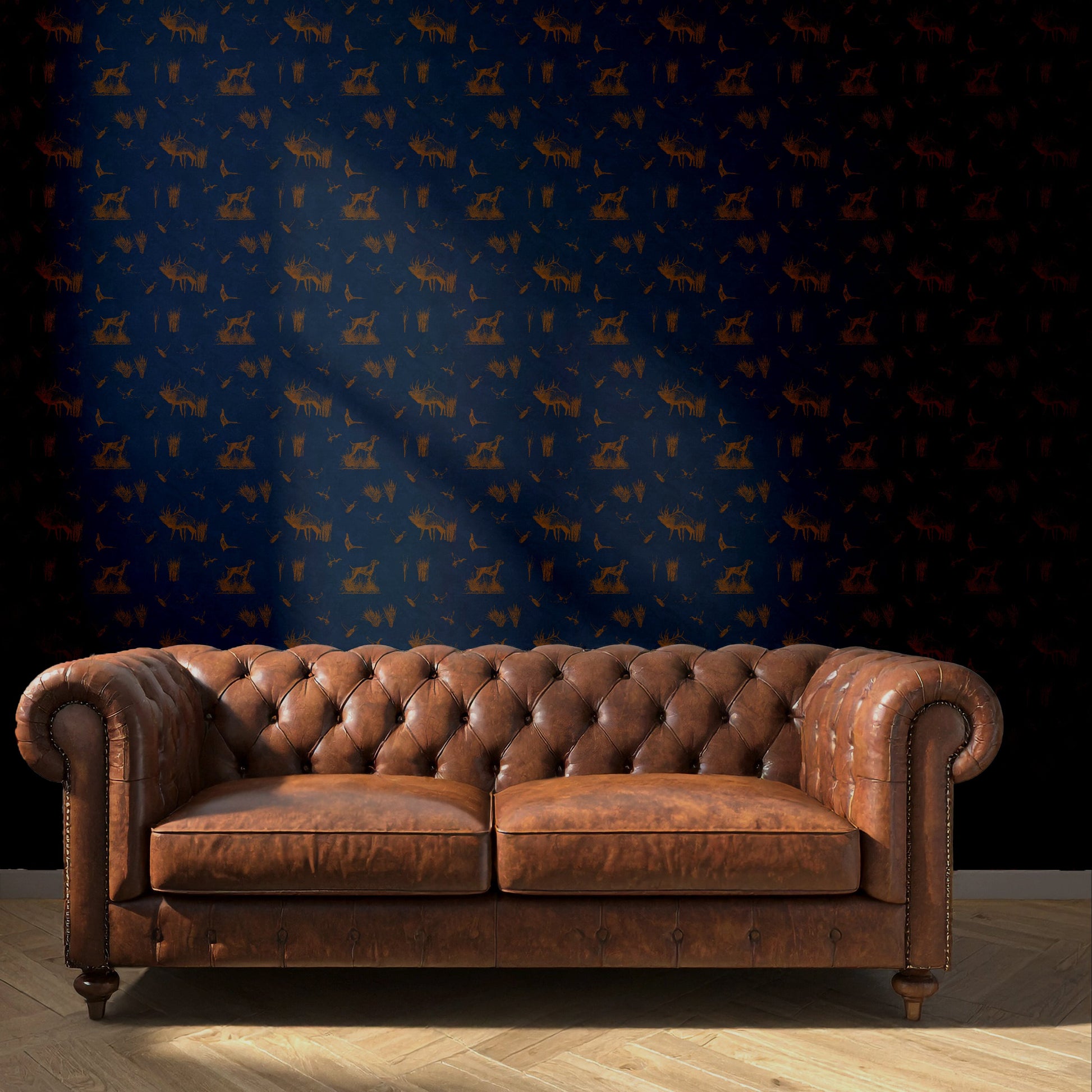navy hunting scene wallpaper with cognac  sofa 