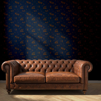 navy hunting scene wallpaper with cognac  sofa 