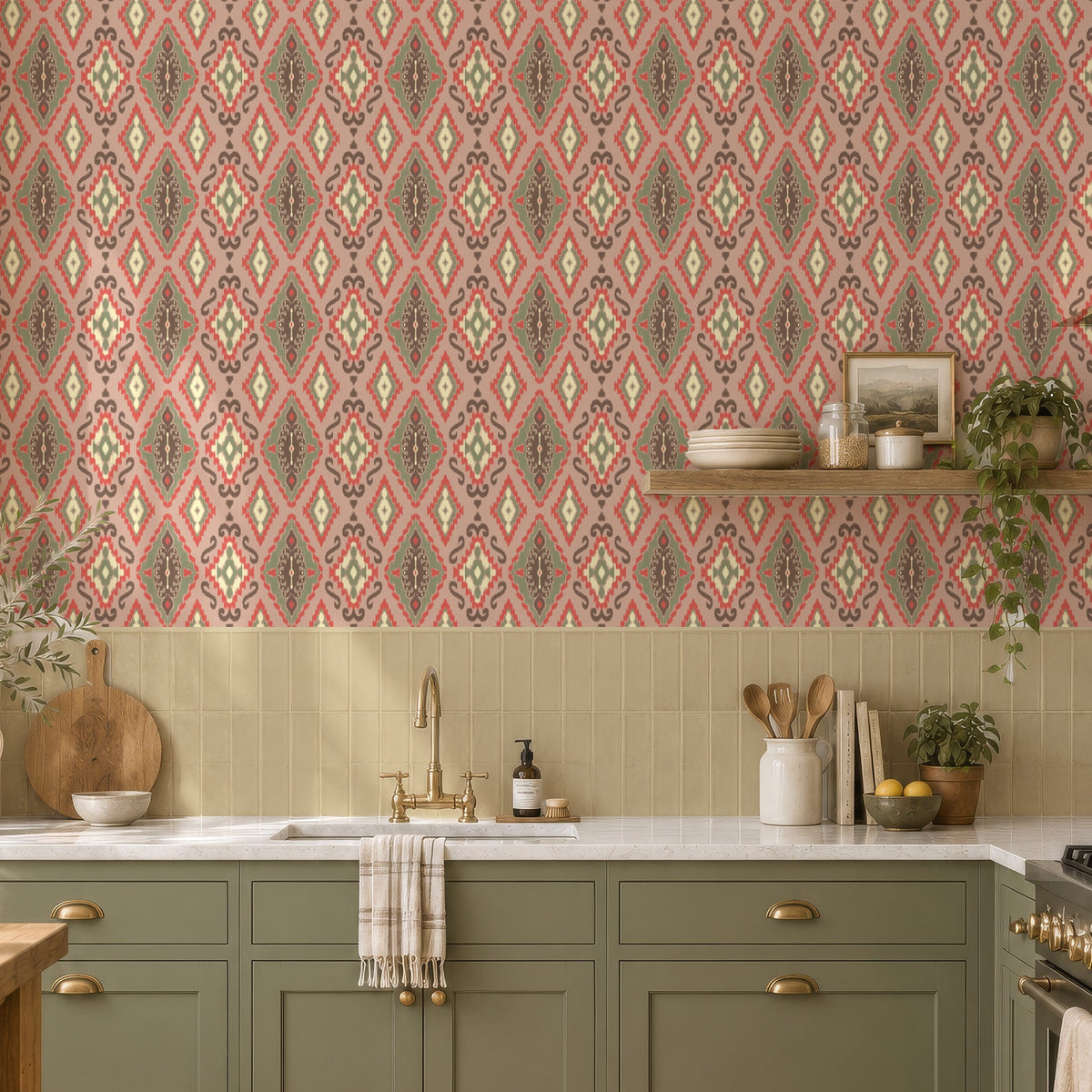 A styled kitchen interior featuring pink patterned wallpaper with a repeating geometric motif, sage green cabinets, a white countertop, and warm natural light from a window.
