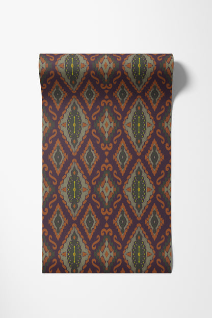 Roll of ikat wallpaper in moody purple