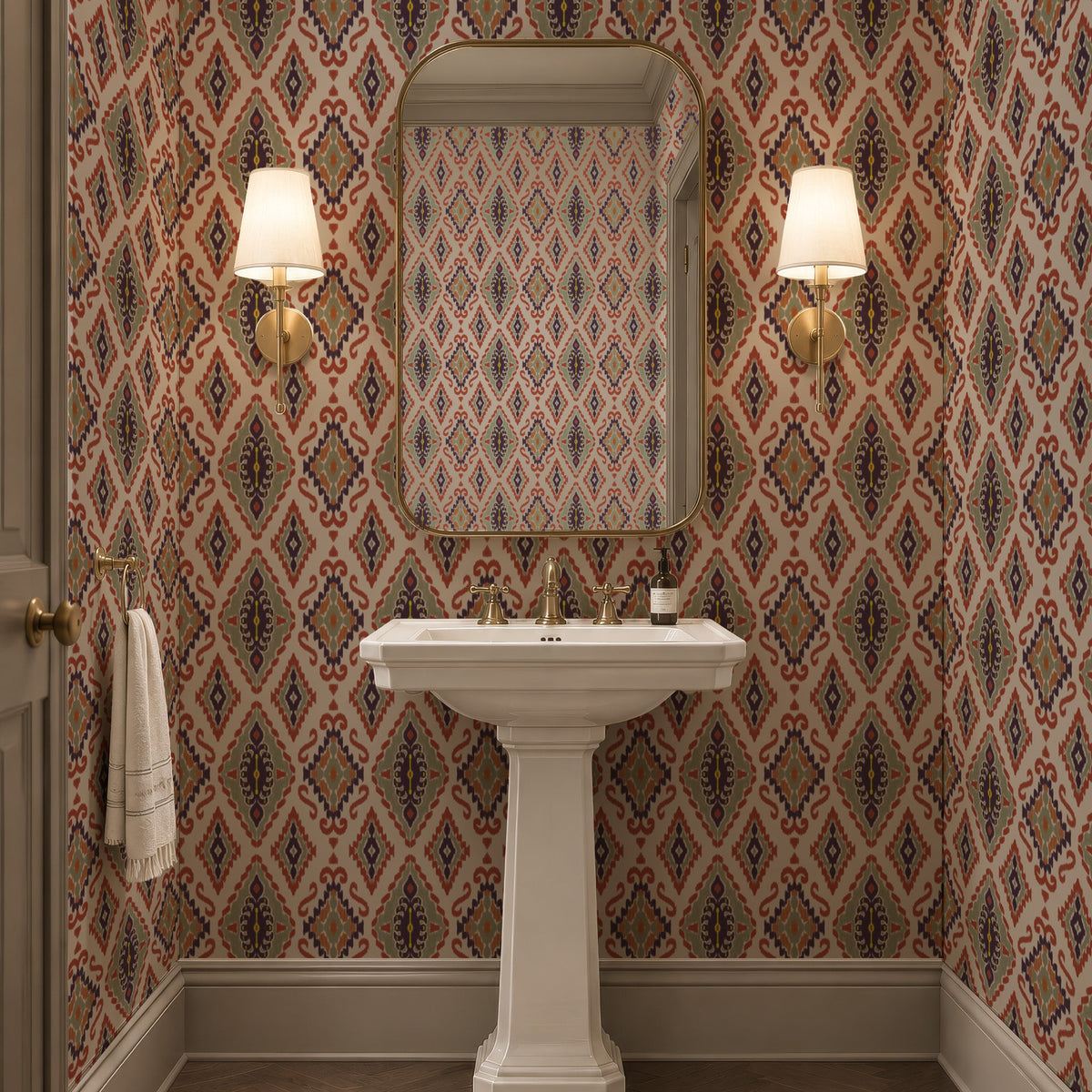Ikat wallpaper above a powder room sink