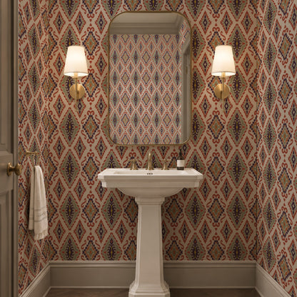 Ikat wallpaper above a powder room sink