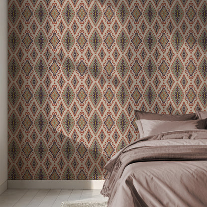 Ikat wallpaper in a bedroom