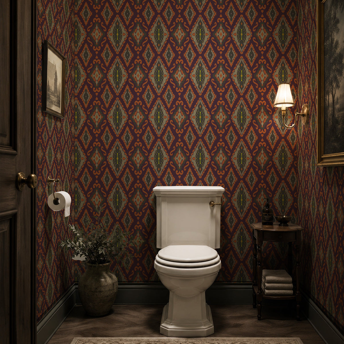 Ikat wallpaper powder room mockup