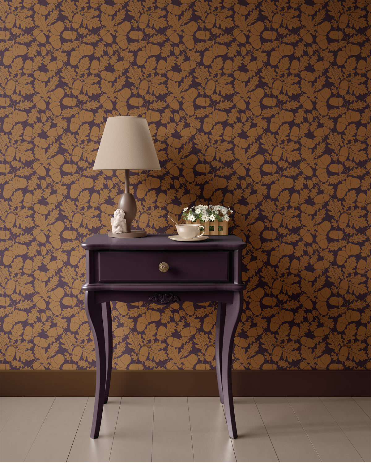 Cognac oak leaf wallpaper behind a purple bedside table and lamp