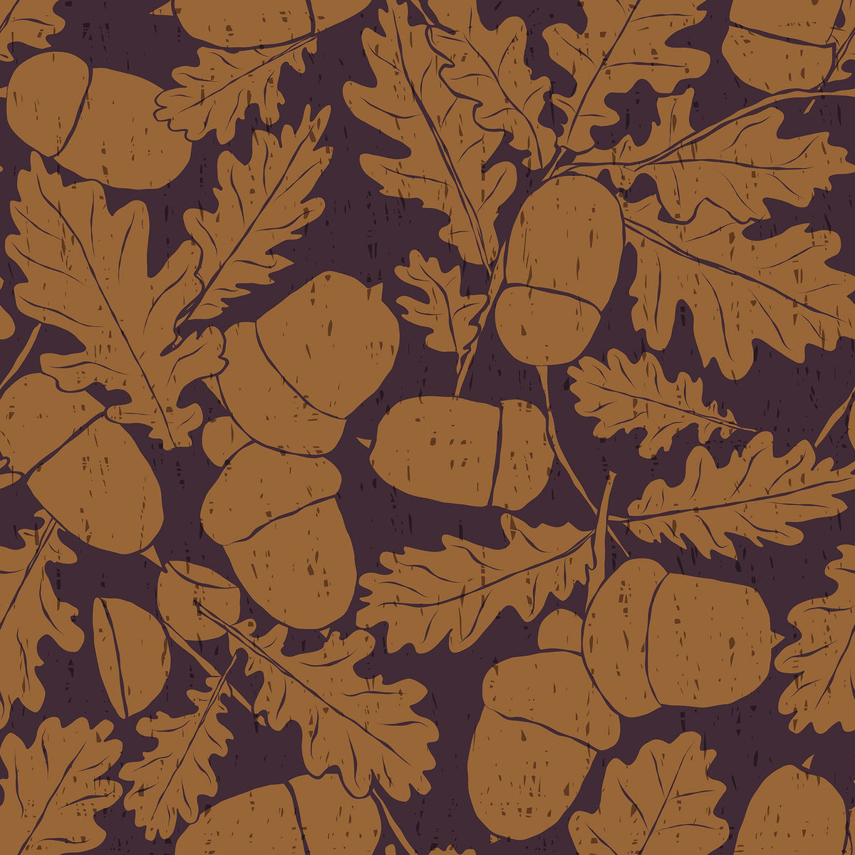 Oak leaf and acorn wallpaper in cognac on plum