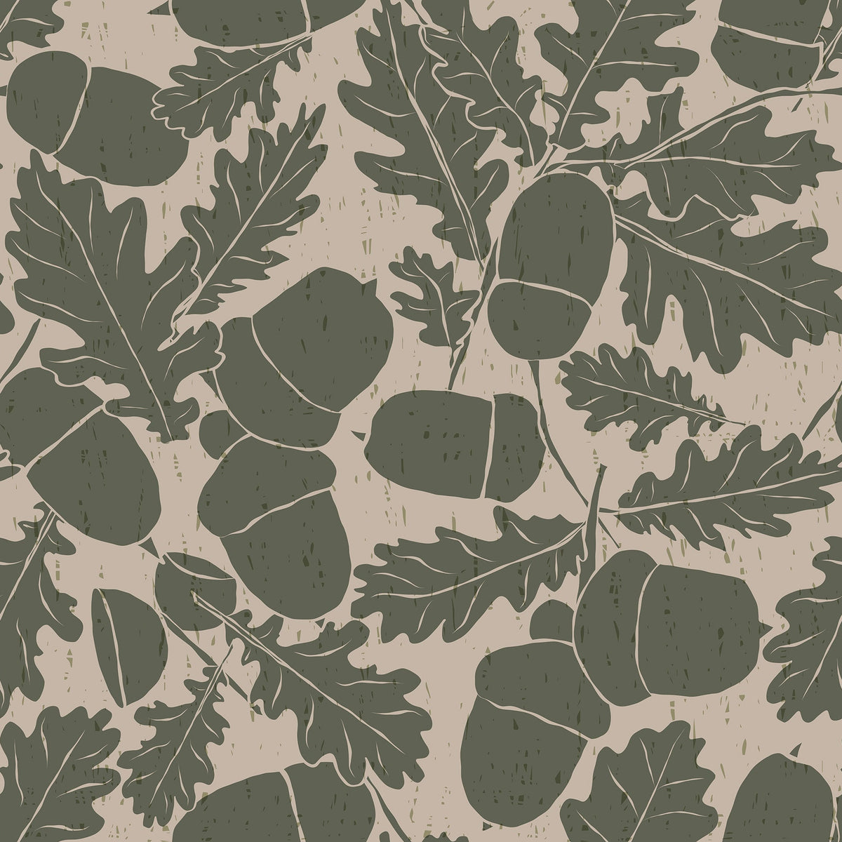 Oak leaf and acorn wallpaper in sage green on beige