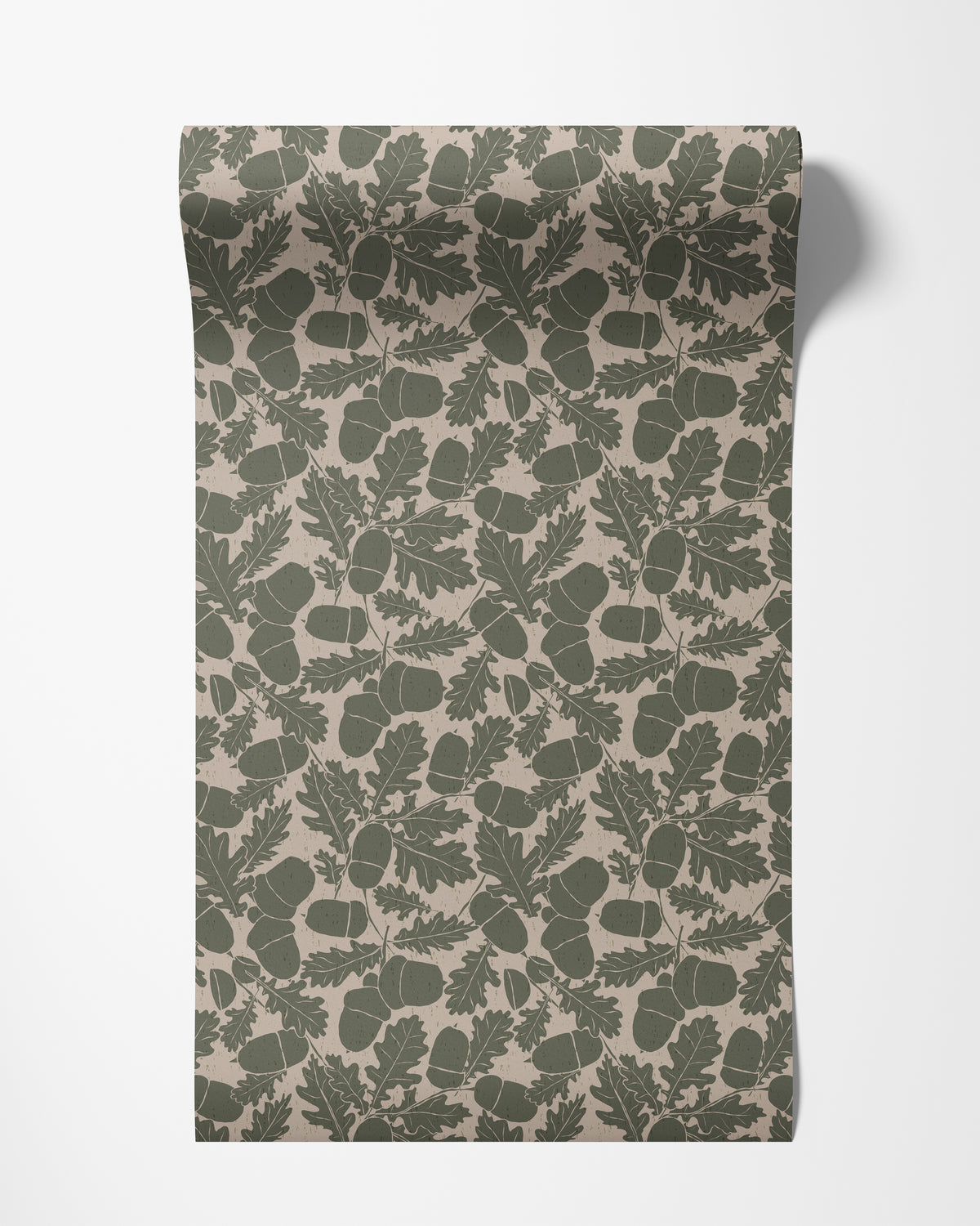 Roll of oak leaf wallpaper in sage green on beige