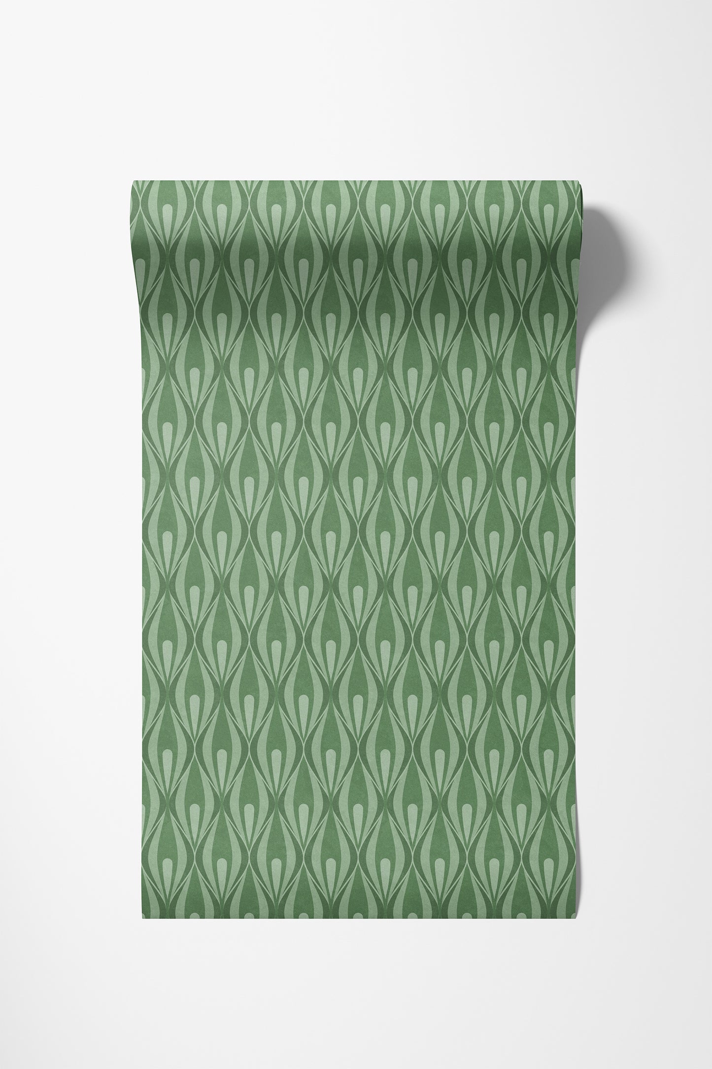 A roll of green wallpaper with a repeating light green ogee pattern, shown against a plain white background.