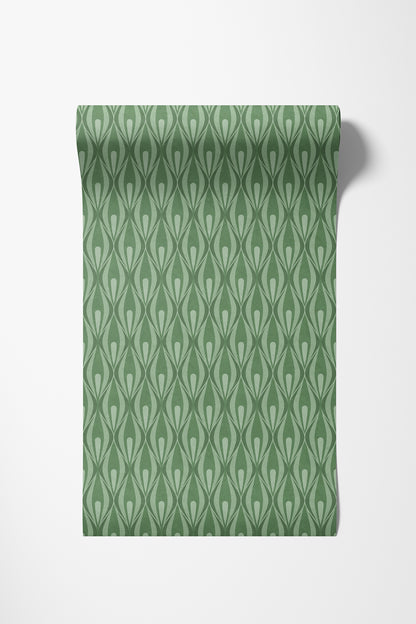 A roll of green wallpaper with a repeating light green ogee pattern, shown against a plain white background.
