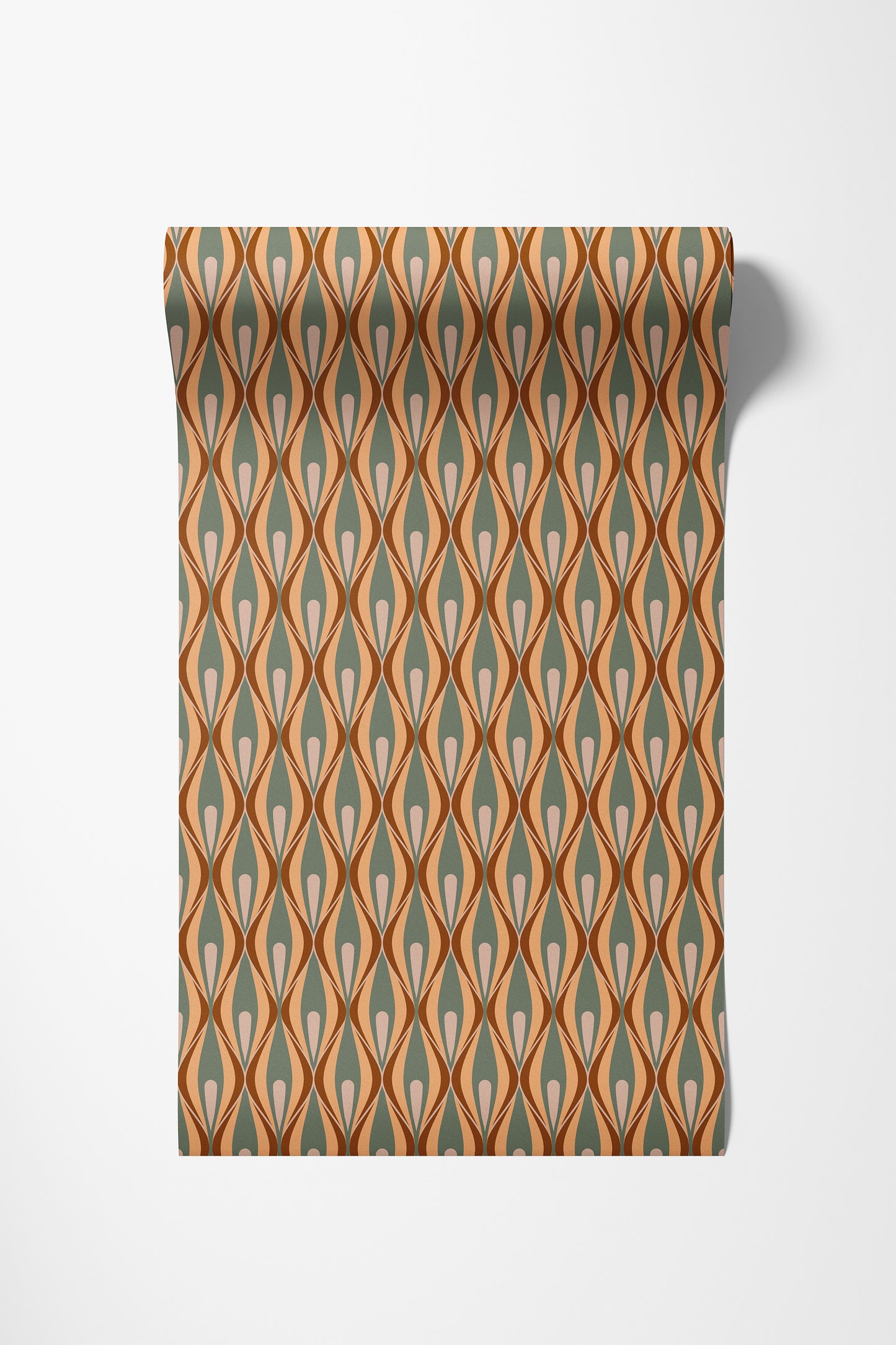 A roll of wallpaper with a repeating geometric 70s pattern in rust orange, sage green, and cream, shown against a plain white background.