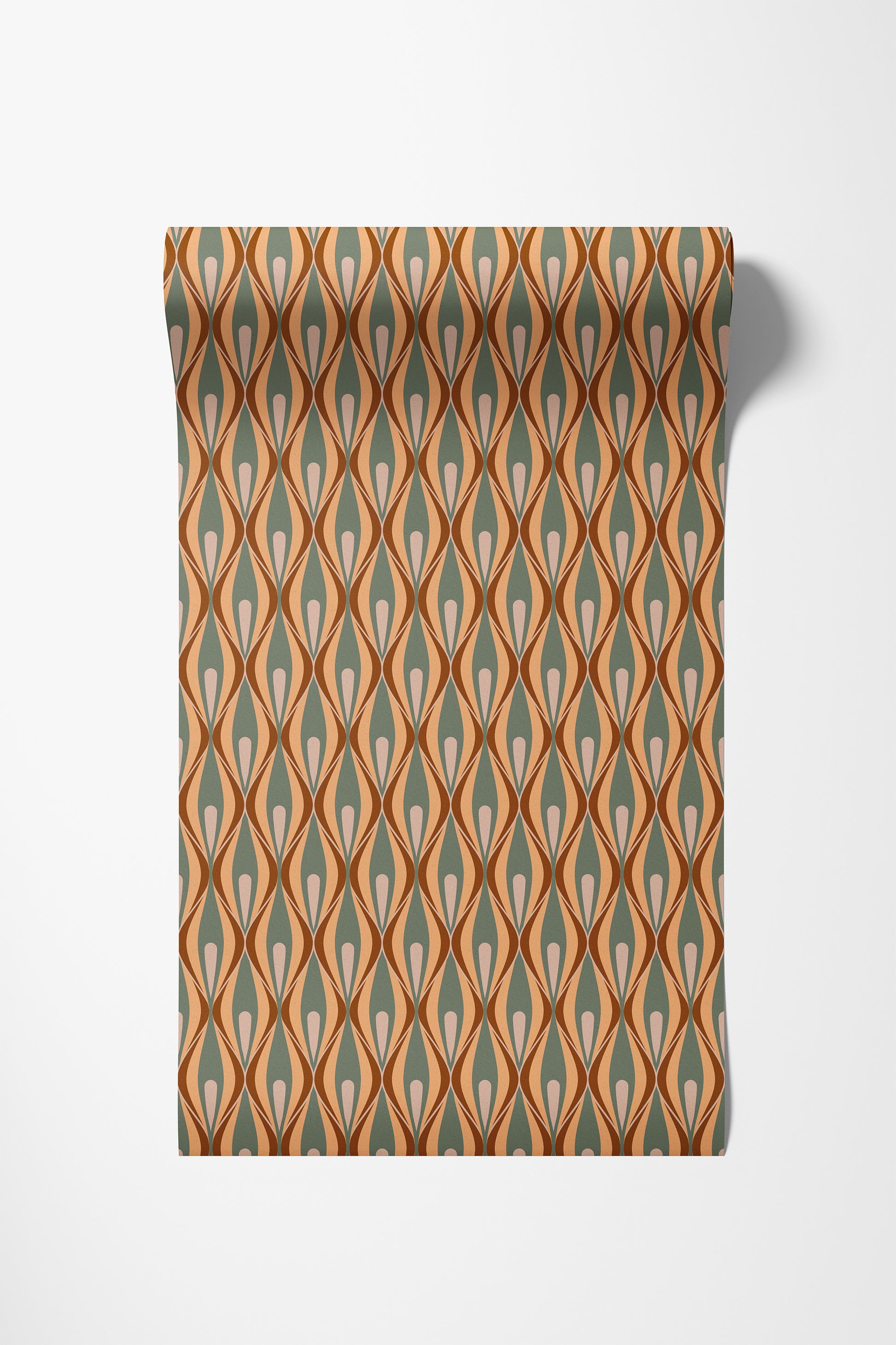 A roll of wallpaper with a repeating geometric 70s pattern in rust orange, sage green, and cream, shown against a plain white background.