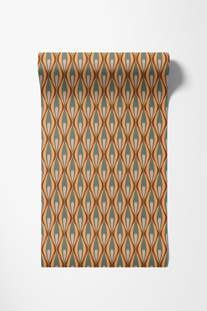 A roll of wallpaper with a repeating geometric 70s pattern in rust orange, sage green, and cream, shown against a plain white background.
