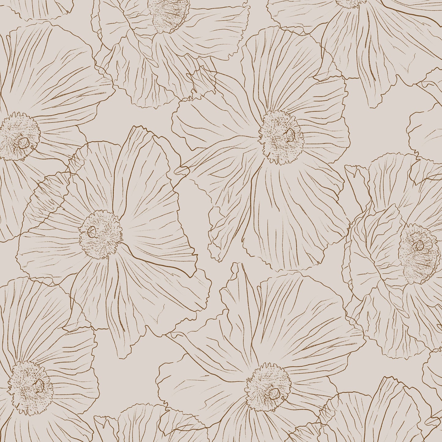 Beige wallpaper featuring a repeating pattern of large, hand-drawn poppy flowers in a warm brown sepia tone.