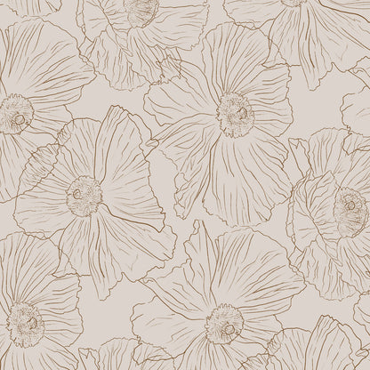 Beige wallpaper featuring a repeating pattern of large, hand-drawn poppy flowers in a warm brown sepia tone.