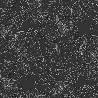 Dark charcoal gray background with a repeating white line-art floral pattern of large poppy-like flowers.