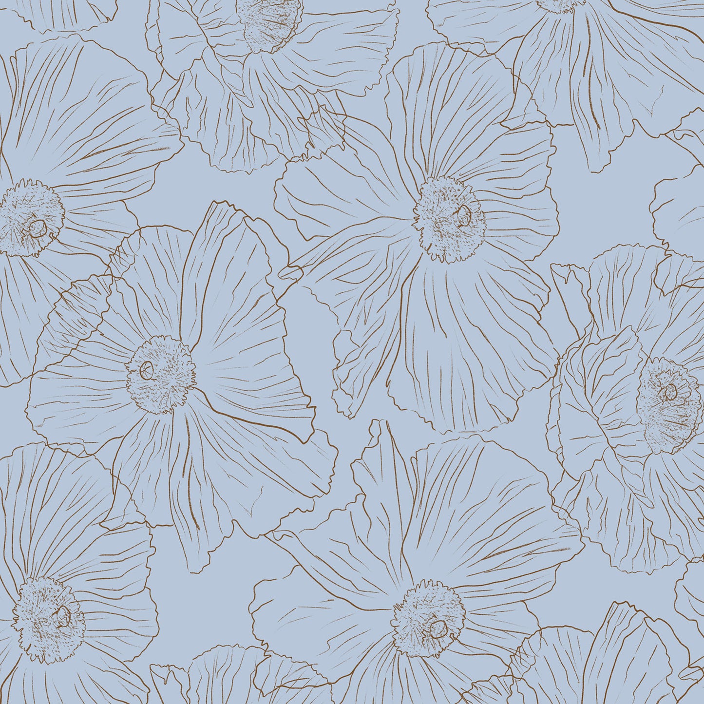 A repeating floral pattern featuring large pale blue flowers with fine brown outlines on a light blue background.