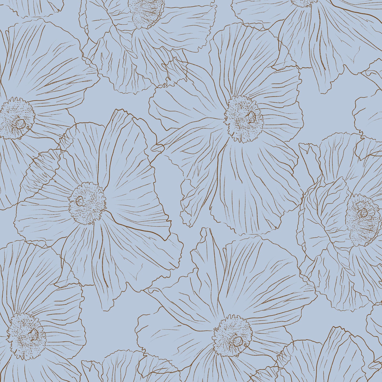 A repeating floral pattern featuring large pale blue flowers with fine brown outlines on a light blue background.