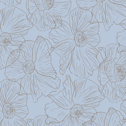 A repeating floral pattern featuring large pale blue flowers with fine brown outlines on a light blue background.