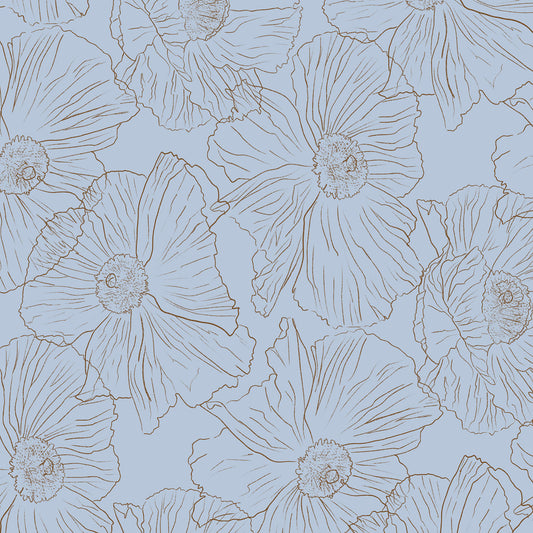 A repeating floral pattern featuring large pale blue flowers with fine brown outlines on a light blue background.