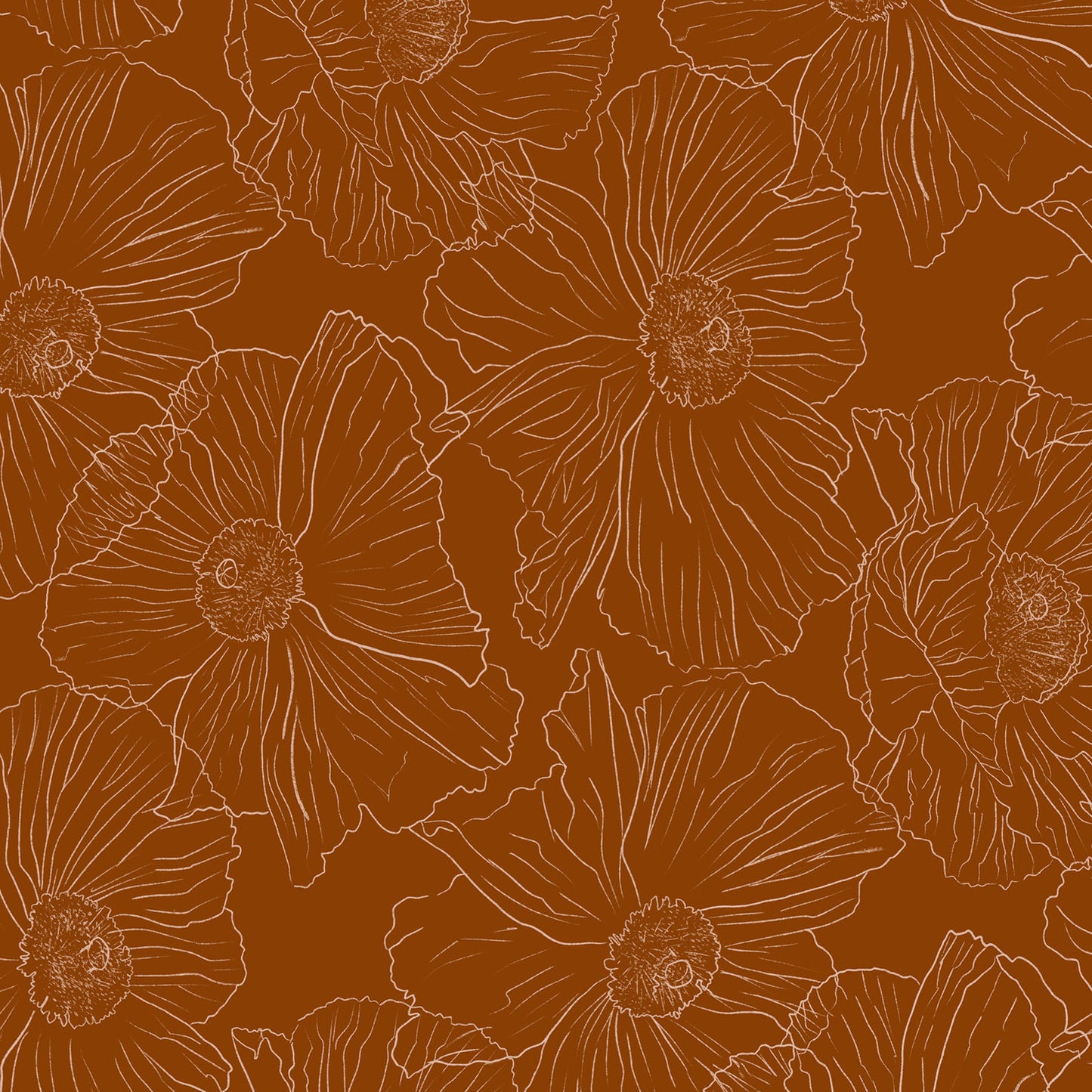 A repeating floral pattern featuring large poppy-like flowers outlined in light tan on a warm rust-orange background.