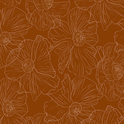 A repeating floral pattern featuring large poppy-like flowers outlined in light tan on a warm rust-orange background.