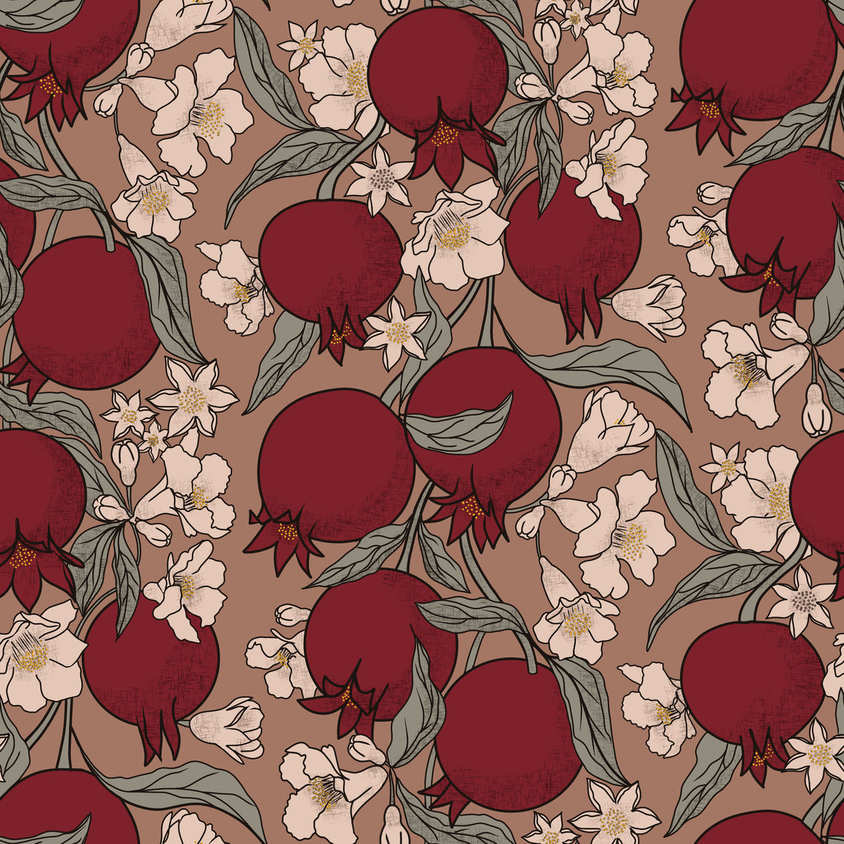 Pomegranate and blossom wallpaper in burgundy on blush brown
