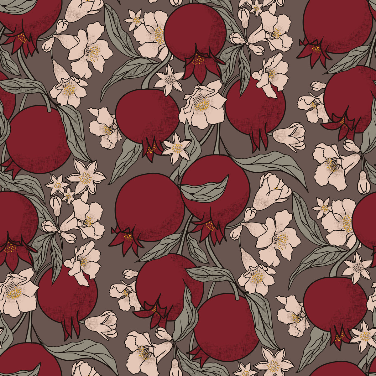 Pomegranate and blossom wallpaper in burgundy on taupe