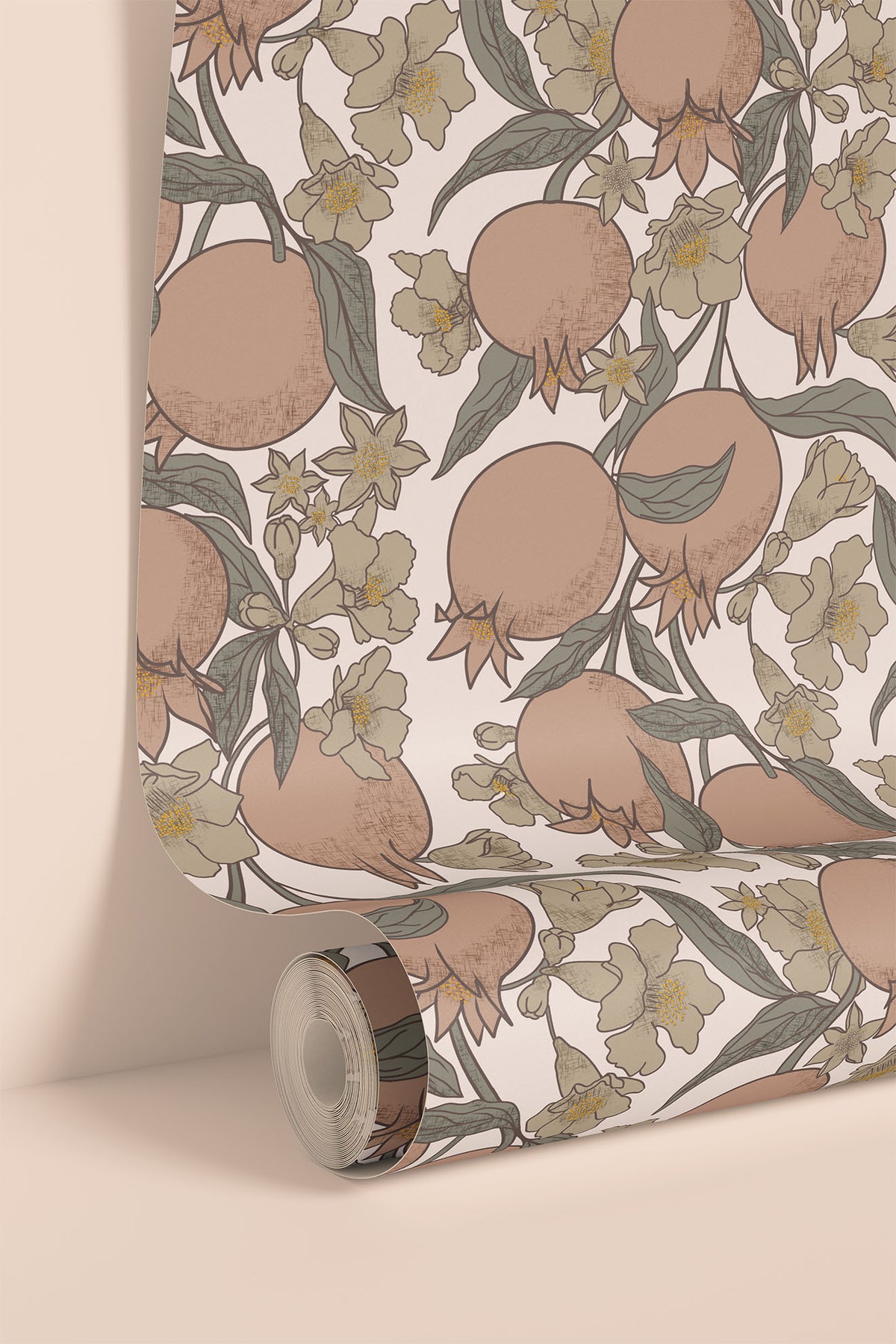 Roll of pomegranate wallpaper in blush on cream