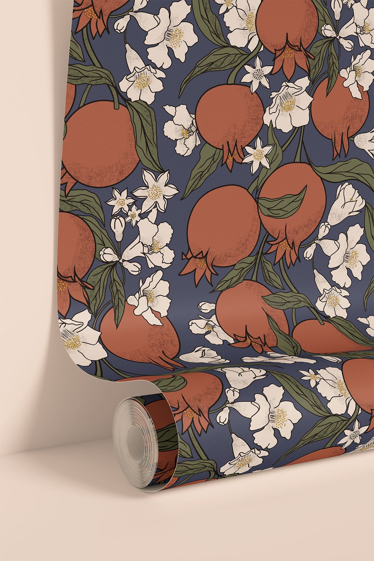 Roll of pomegranate wallpaper in rust on navy blue