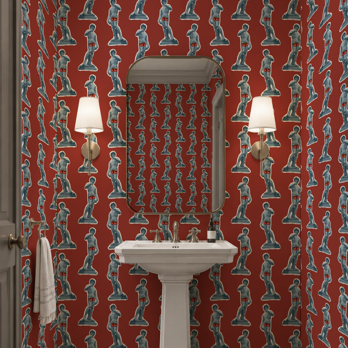 Powder room with red David statue wallpaper