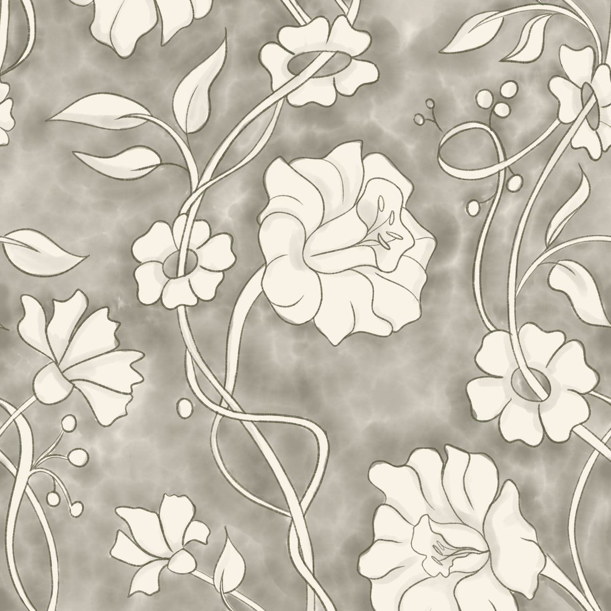 Ribbon Vine floral wallpaper in cream on taupe gray