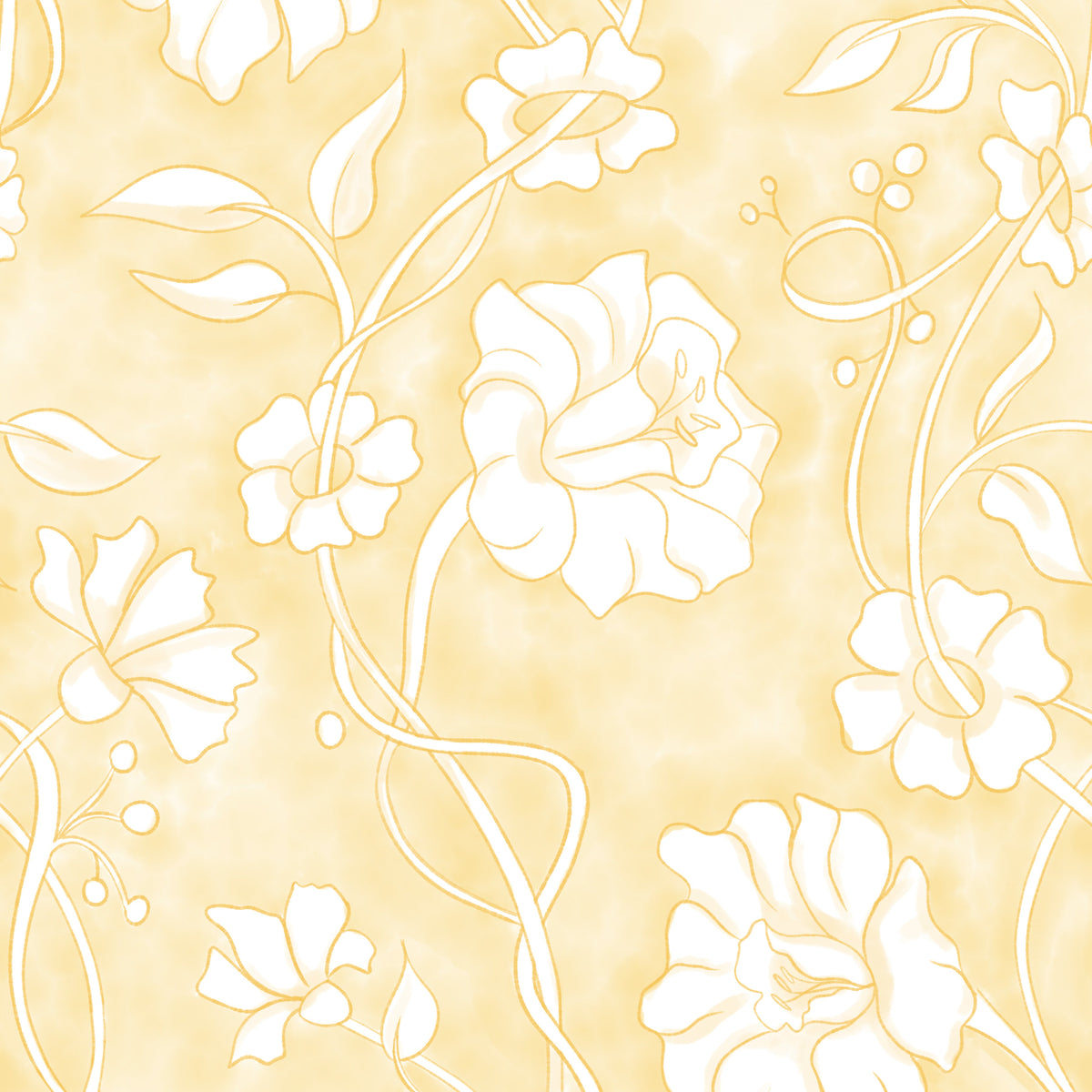 Ribbon Vine floral wallpaper in cream on butter yellow