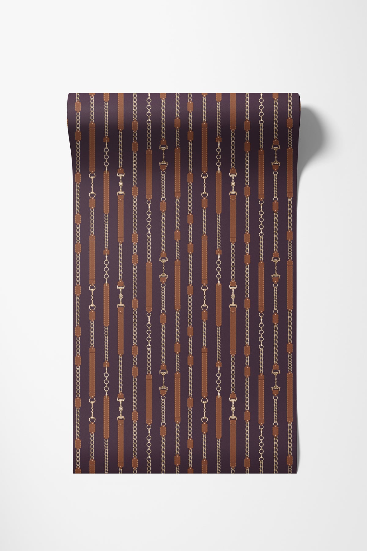 Roll of equestrian stripe wallpaper in plum