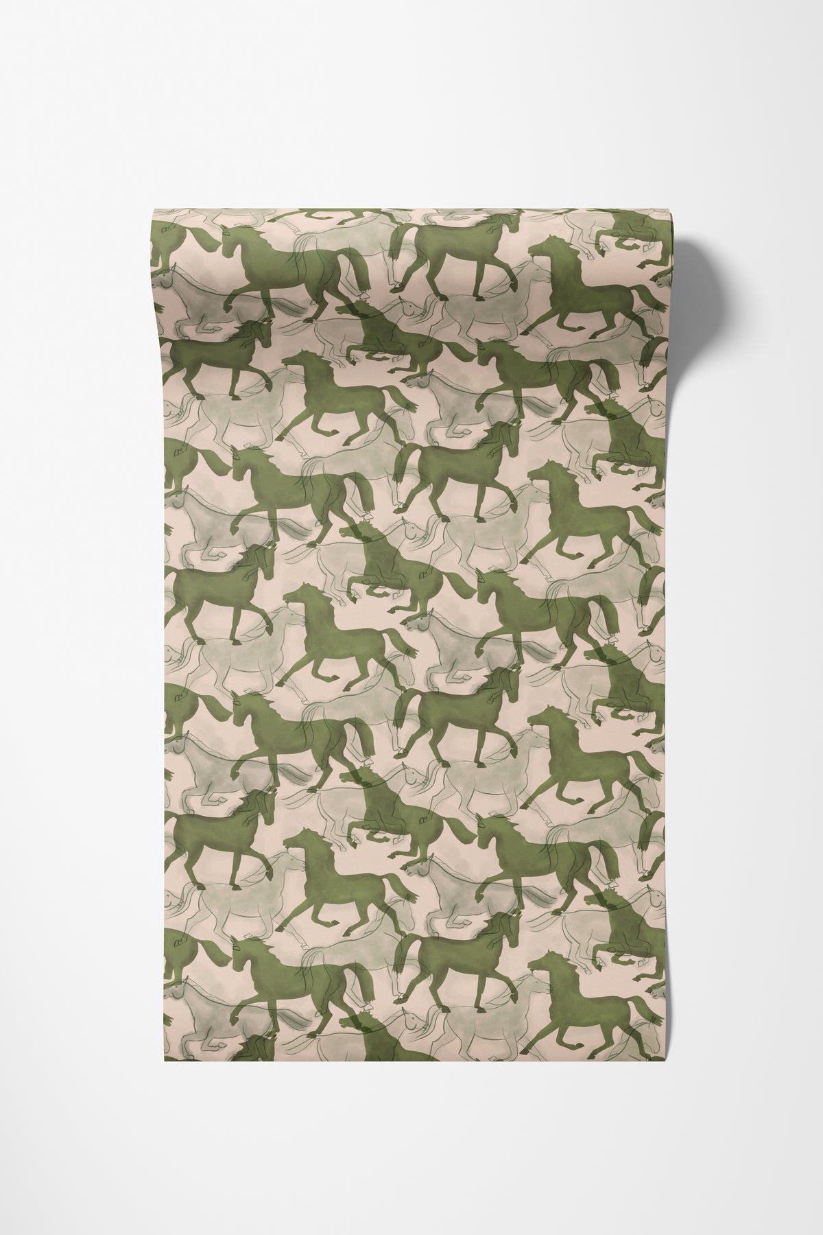 Roll of horses wallpaper in sage green