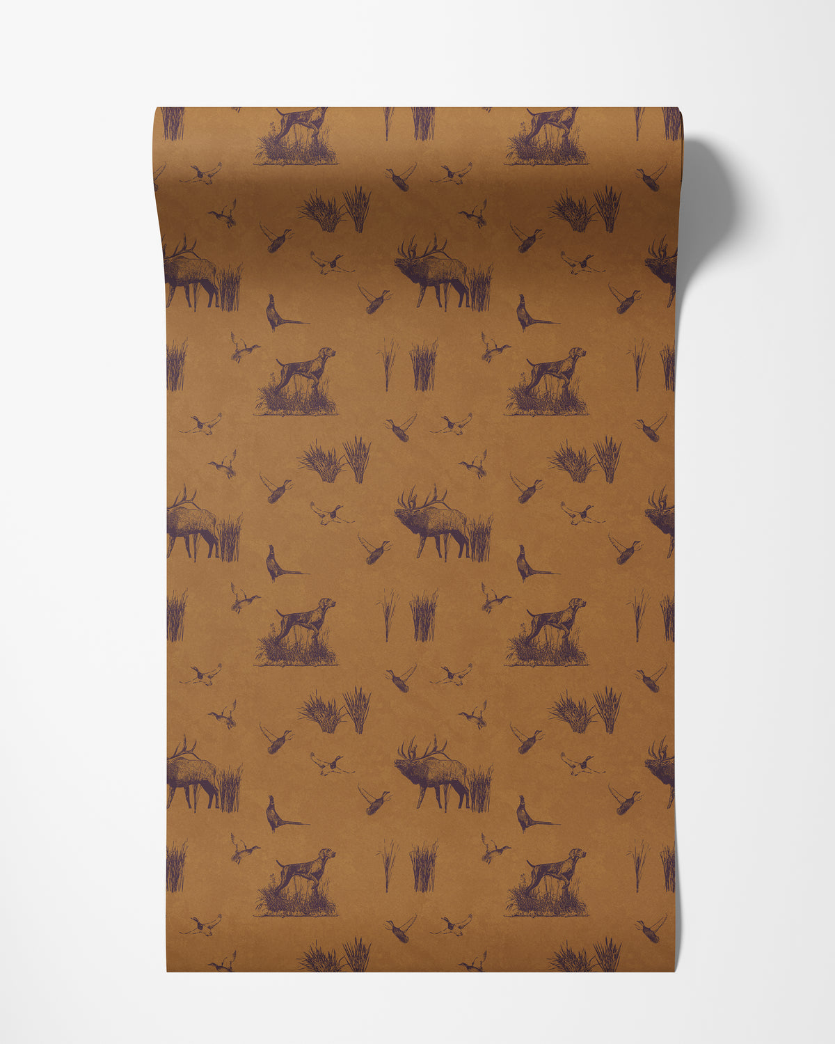 Roll of hunting scene wallpaper in cognac brown