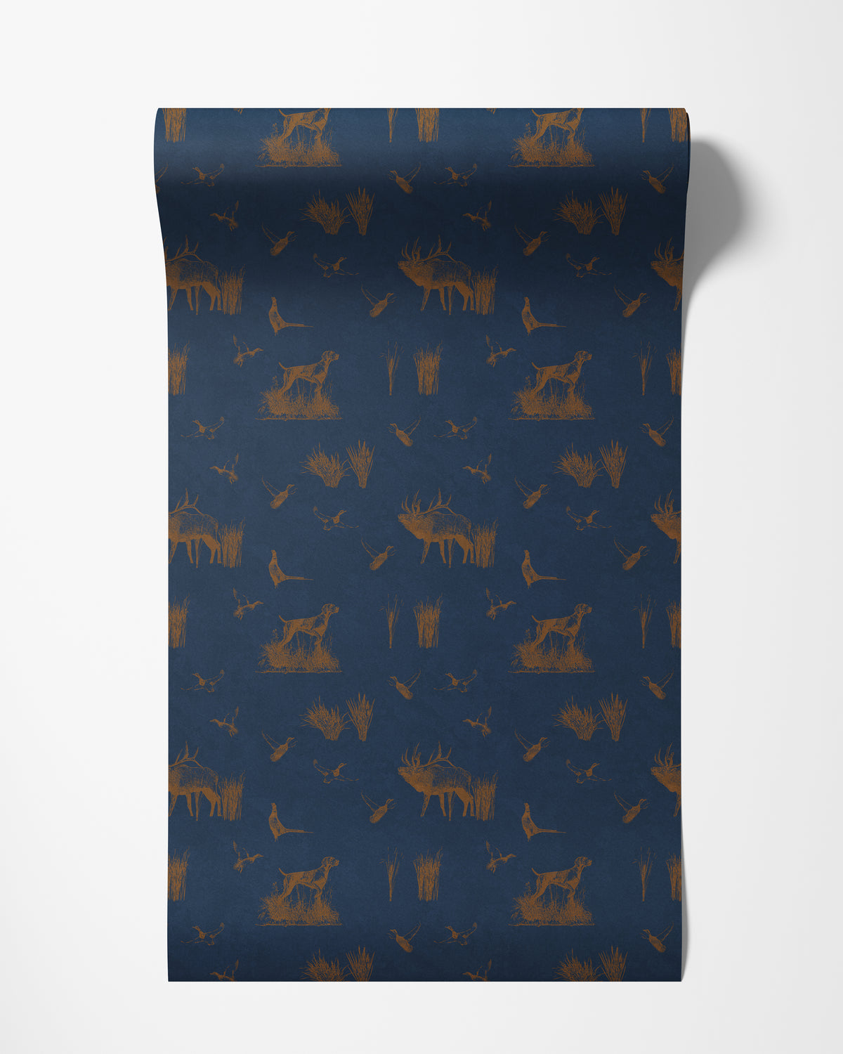 Roll of hunting scene wallpaper in navy blue
