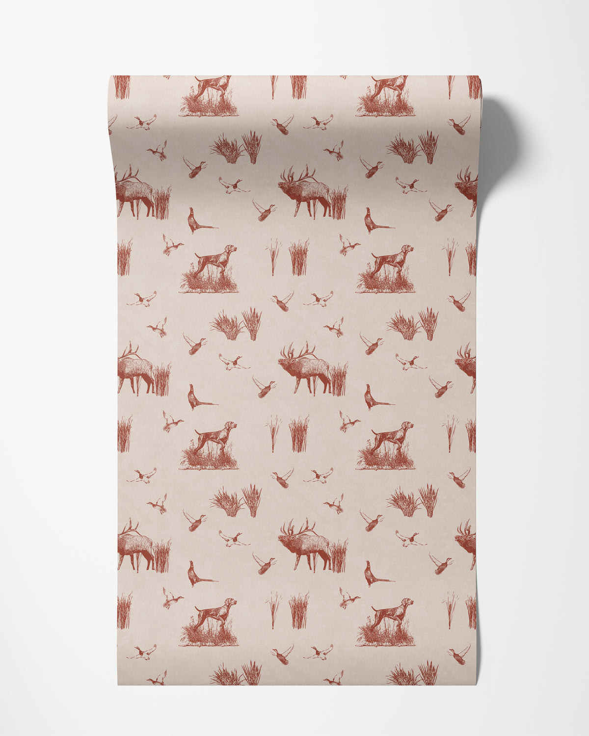 Roll of hunting scene wallpaper in red on cream