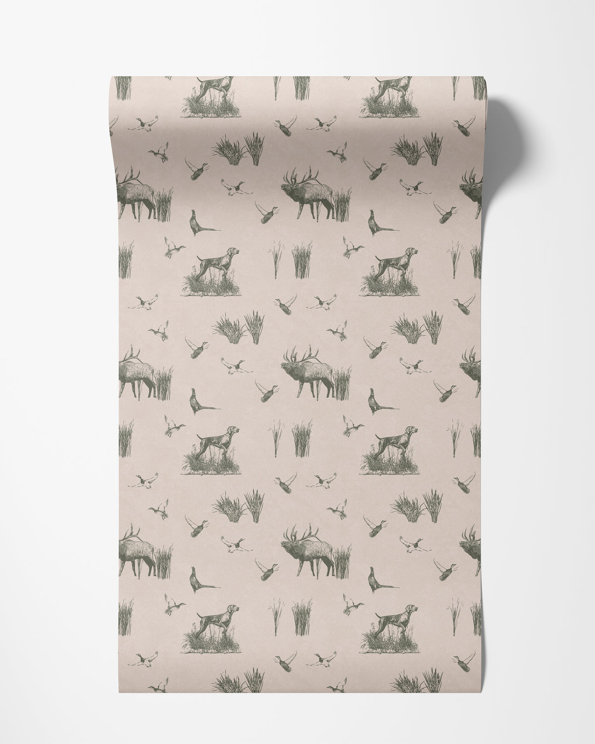 Roll of hunting scene wallpaper in sage green on cream